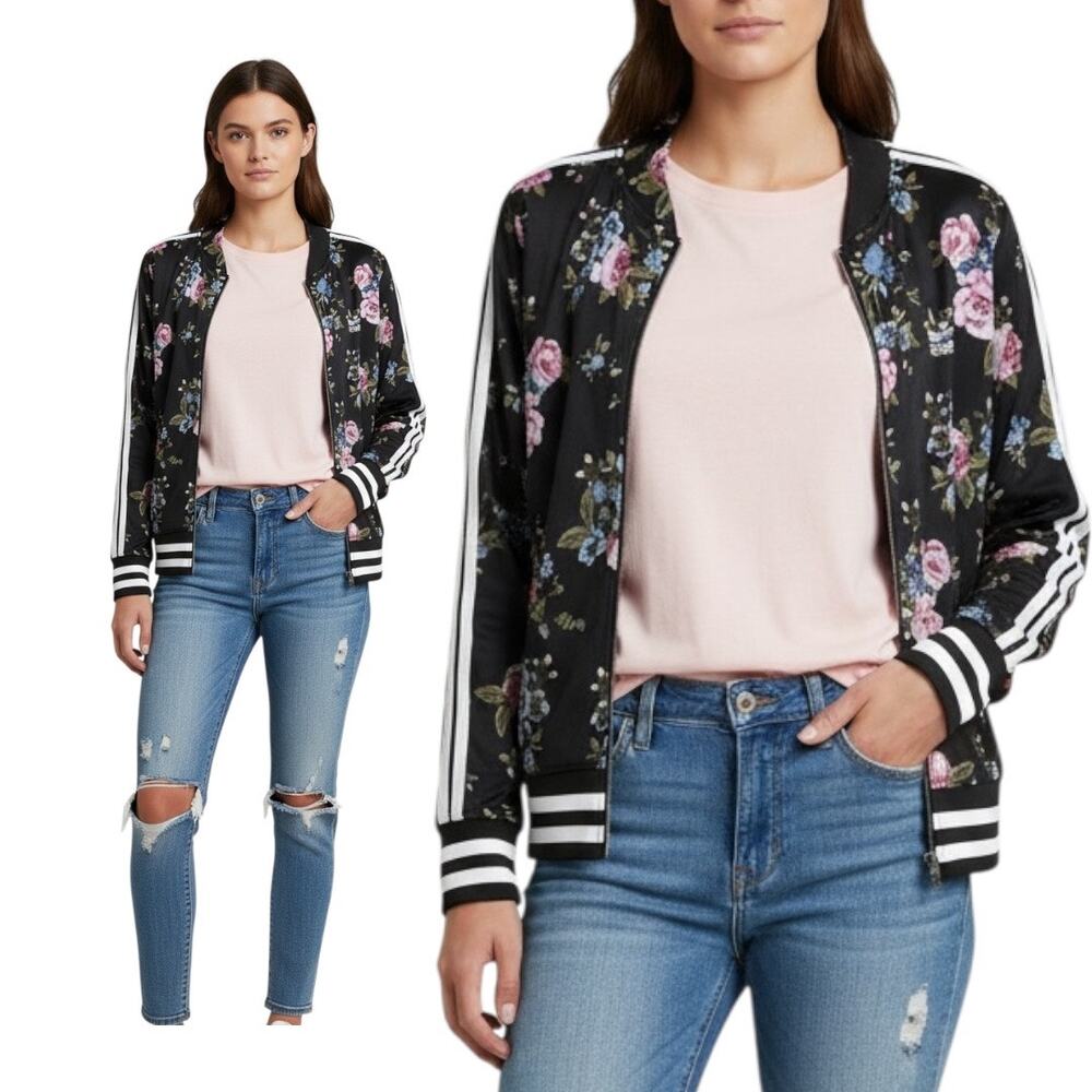 Rue 21 Black Floral Bomber Jacket Mock Neck Sleeve Stripes Size M Full Zip